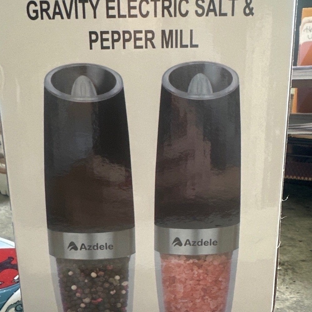 Azdele Gravity Electric Salt and Pepper Mill Set Automatic Grinder Blue LED Lt.